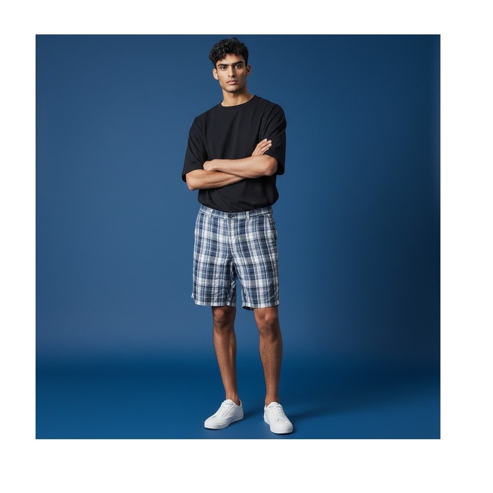 Tommy Bahama Men's Linen‎ Blend Shorts 36" Plaid Blue White Flat Front 9" Inseam
